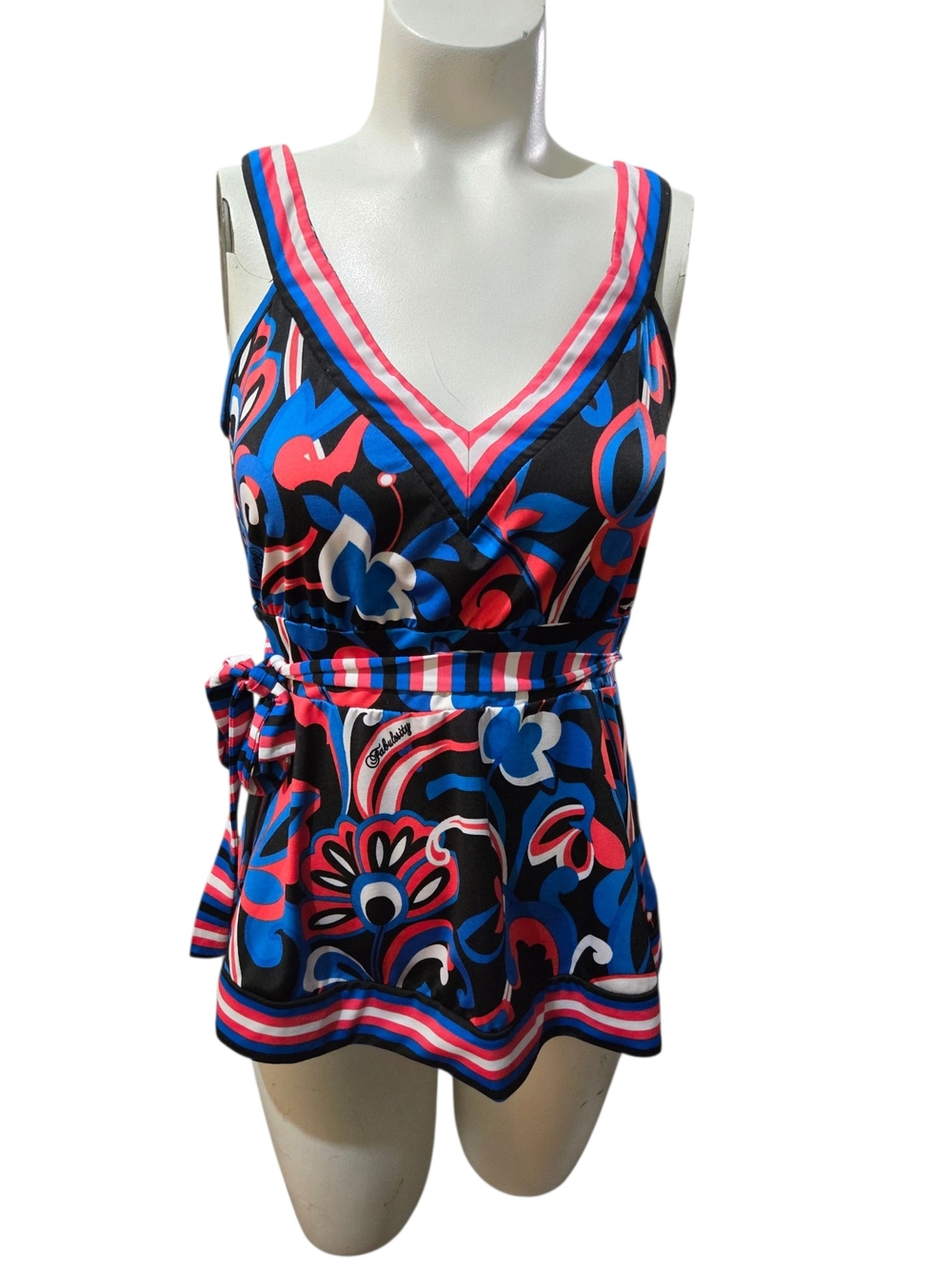 Fabulosity Women's Sleeveless Wrap Top Removable Tie Belt Abstract Floral Print